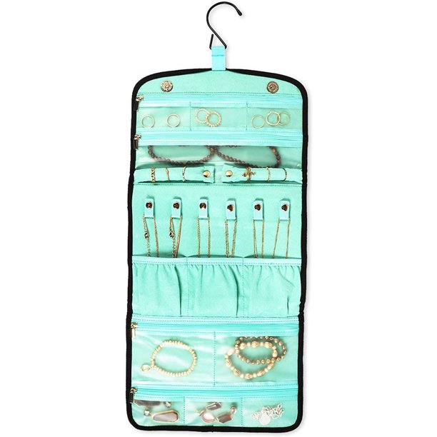 Juvale Travel Hanging Jewelry Organizer Roll, Green Fabric Storage