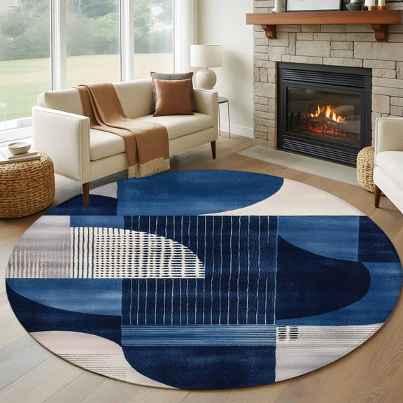 Vintage Blue Geometric Round Rug 5ft Washable Circle Kitchen Rugs Non Slip White Black Blue Abstract Large Area Rug Indoor Floor Carpet for Bedroom Living Room Home Office Dining Room Nursery