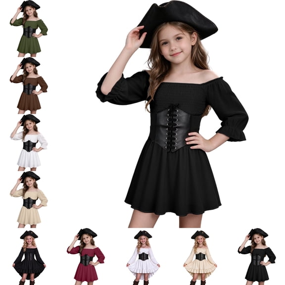 Girls Pirate Costume Long Sleeves Fairy Dress Girls with Corset Belt A Line Princess Dresses