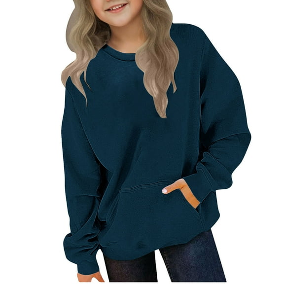 Ugoldhm Girls Boys Solid Color Sweatshirts Loose Fit Casual Pullover Shirts with Pocket Fall Winter Outerwear