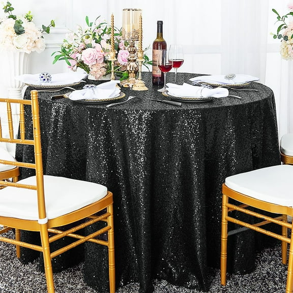 Wedding Linens Inc. 108" Round Sequin Taffeta Tablecloth - Black