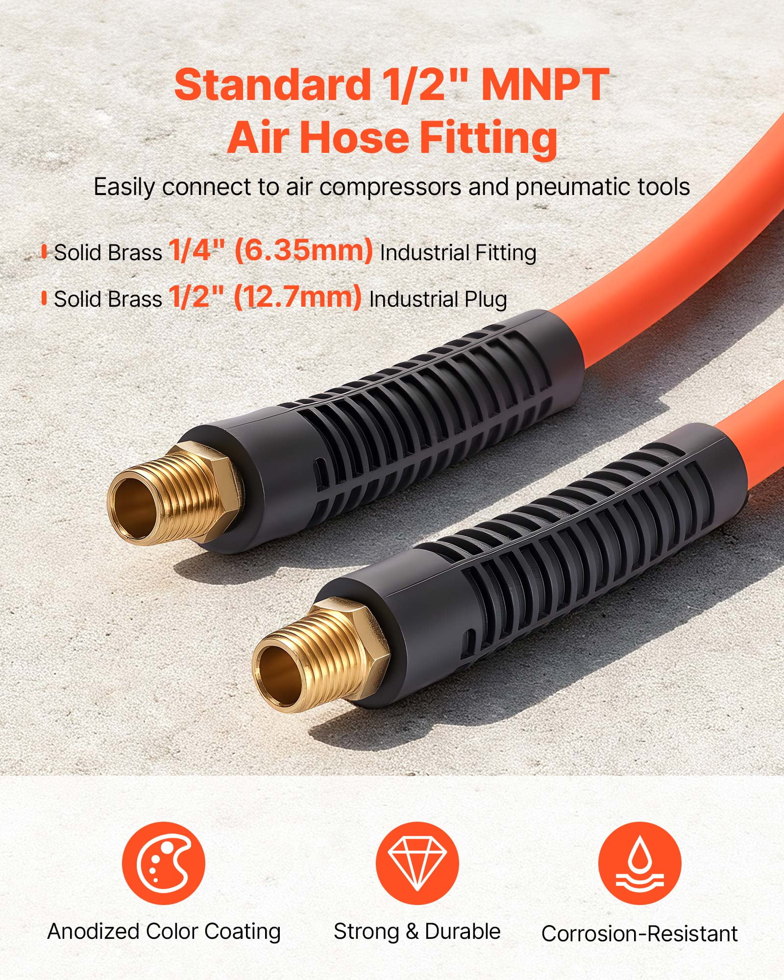 VEVOR Air Hose, 1/2" x 100ft Hybrid Air Hose, Lightweight, Kink Resistant, Pneumatic Hoses with 1/2 inch Solid Brass Male Fitting, Three-Layer Hybrid Material, 300 PSI, All-Weather Flexibility,Orange