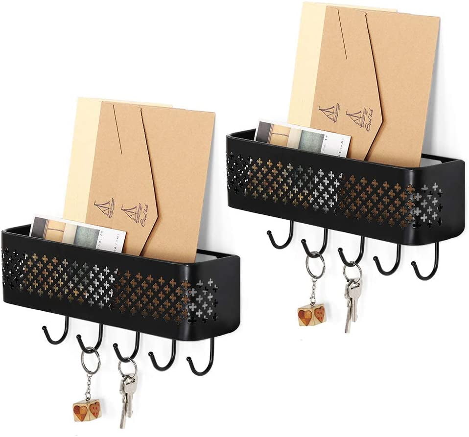 Set of 3 Black Openwork Metal Mesh Storage Baskets Display Racks Wall Mounted Key and Mail Sorter Storage Rack with 2 Hooks 