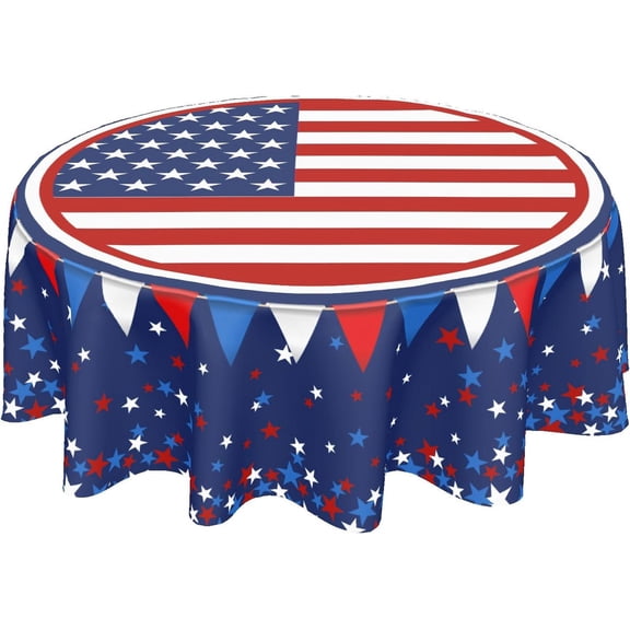 4th of July Tablecloth Round 60 Inch Blue Patriotic American Flag Decorative Table Cloth Independence Day Outdoor Table Cover for Dining Kitchen Holiday Party Picnic Home Memorial Day Decoration