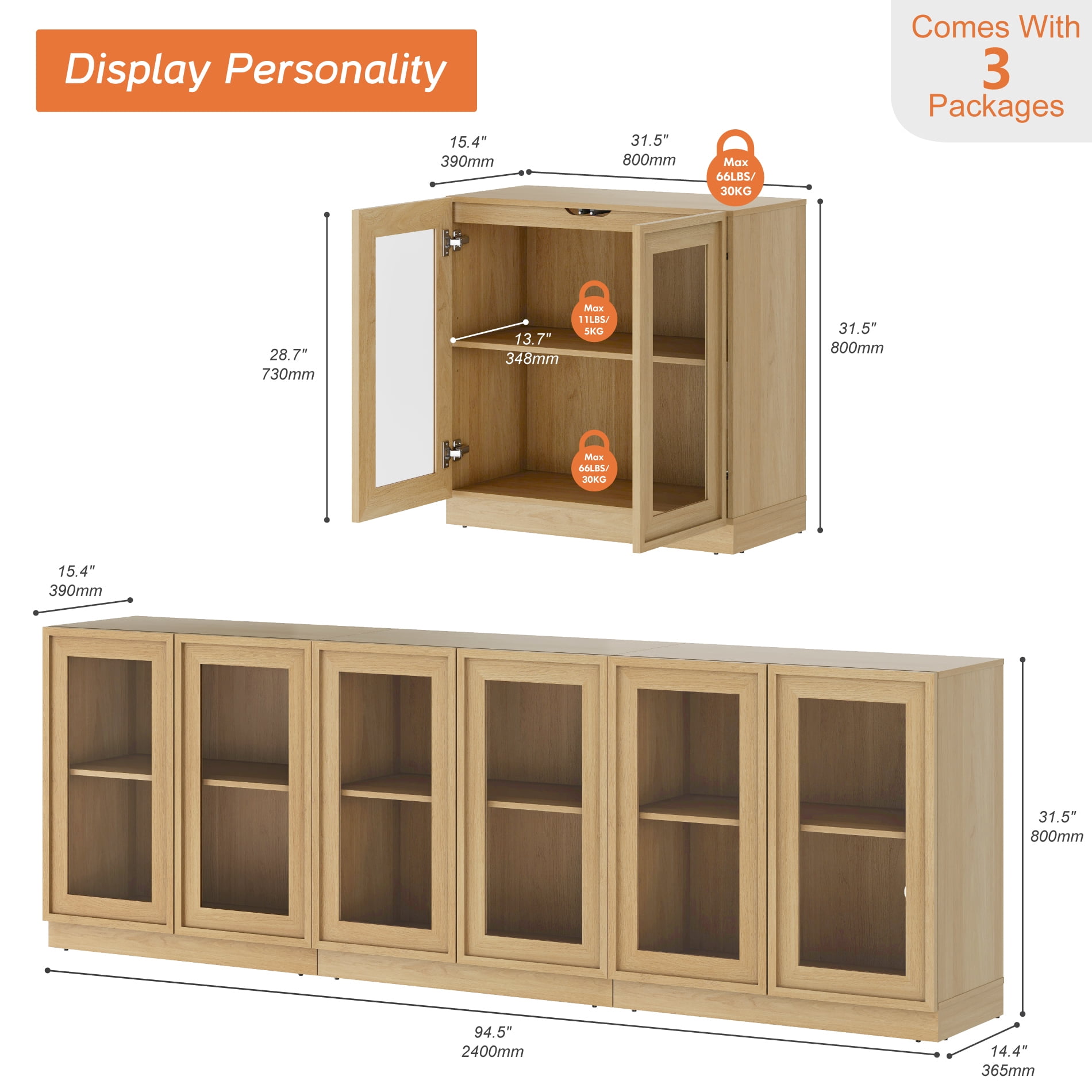 94.5" Modern Sideboard Buffet Cabinet with 6 Glass Doors, Multifunctional Sideboard with Large Storage and Adjustable Shelf, Oak