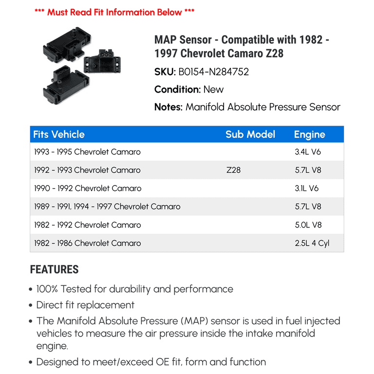MAP Sensor - Compatible with 1982 - 1997 Chevy Camaro Z28