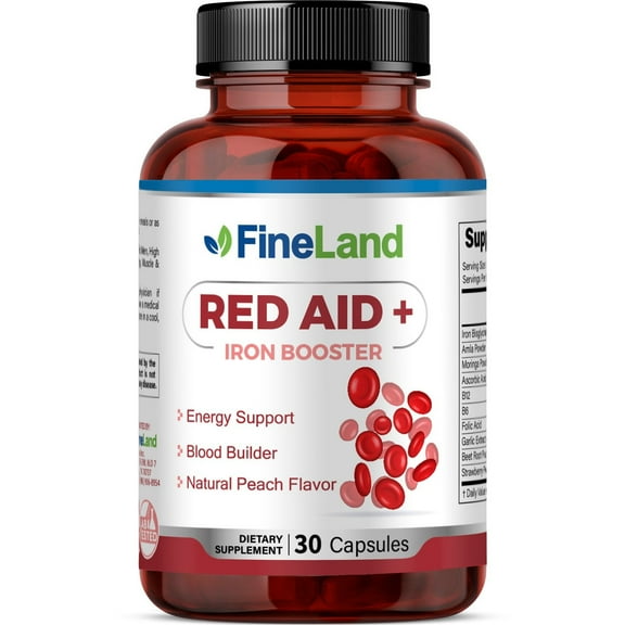 Fineland Vitamins Red Aid  Iron Supplements Peach Flavor 60 Capsules