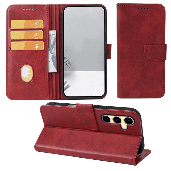 SELOZKE for Samsung Galaxy S24 FE 5G Red Full Coverage Wallet Case with Credit Card Holder,PU Leather Magnetic Protective Phone Case