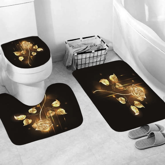 3 Pcs Set Soft Bathroom Rugs Toilet Mats Golden Flowers Pattern Absorbent Non-Slip Backing Mat Memory Foam Rug