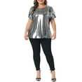 thumbnail image 2 of Agnes Orinda Women's Plus Size Metallic Tops Crew Neck Short Tulip Sleeve Disco Party Sparkly Blouses 2X Silver, 2 of 6