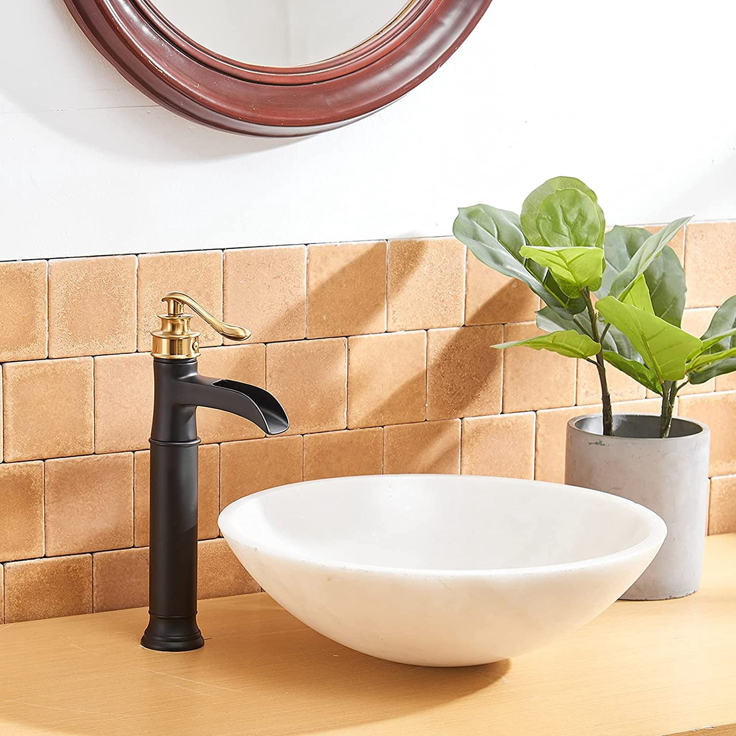 BWE Vessel Sink Faucet Waterfall Gold with Matte Black Single Hole with Pop Up Drain Without Overflow and Supply Lines Bathroom faucets for Sink One Handle Faucets Vanity Bath Mixer Tap Lead-Free