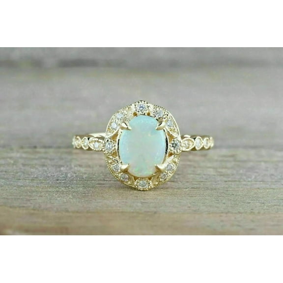Shop Now 3Ct Oval Cut Fire Opal Women's Halo Anniversary Gift Ring14k Yellow Gold Plated Silver