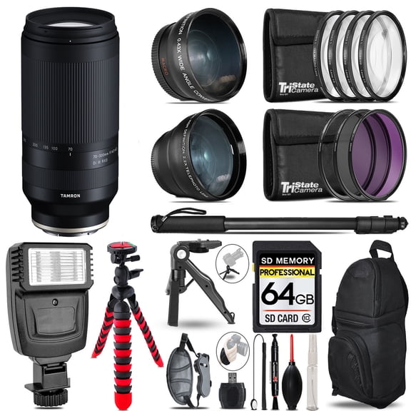 Tamron 70-300mm f/4.5-6.3 Di III RXD Lens for Sony E -3 Lens Kit   Slave Flash   Tripod - 64GB Accessory Bundle (International Version)
