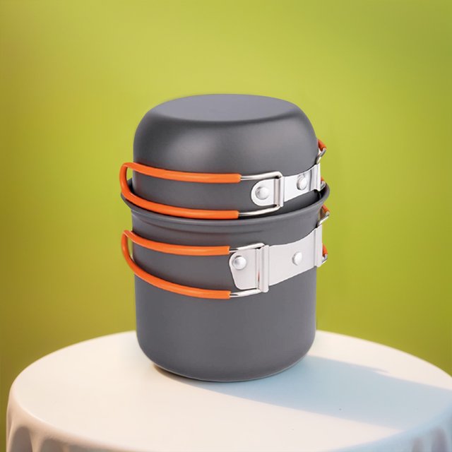 Kit de cocina para mochileros con mini hornillo. Utensilios de cocina para acampar. Vajilla para exteriores.