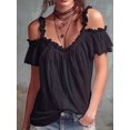 thumbnail image 5 of Women Cold Shoulder Ruffle Trim Top V Neck Short Sleeve Casual Blouse Black S, 5 of 7