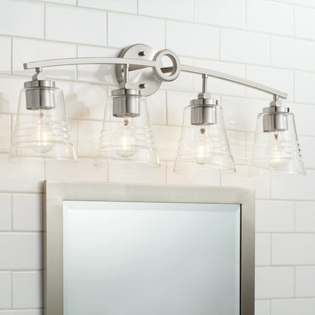 

Possini Euro Design Modern Industrial Wall Mount Light Satin Nickel Hardwired 30 Wide 4-Light Fixture Clear Glass Bathroom Vanity