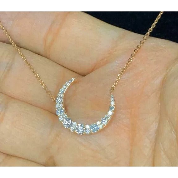 1 Ct Round Cut Lab Created Diamond Moon Pendant With Chain 14k Yellow Gold Plated Silver