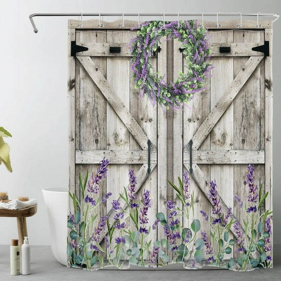 Western Barn Door Shower Curtain for Bathroom, Purple Lavender and Green Eucalyptus Wreath on Rustic Wood Boards Fabric Shower Curtain with Hooks, Botanical Bathroom Curtains Shower Set, 72x78 inches