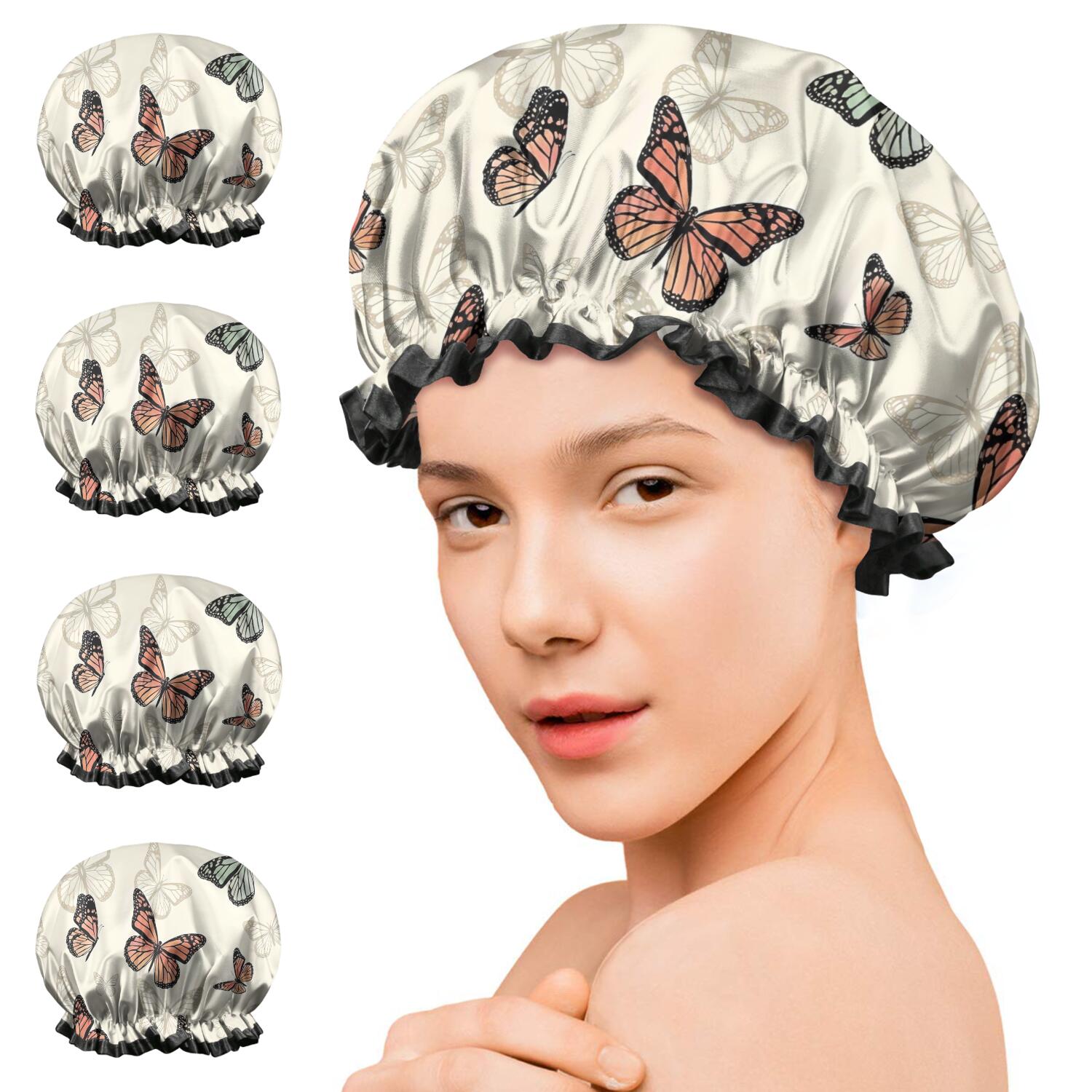 Shower Caps,Beige Butterfly Pattern Waterproof Shower Cap for Women 4 Pieces,Double Reusable Hair Cover for Shower PEVA Elastic Stretch Hem