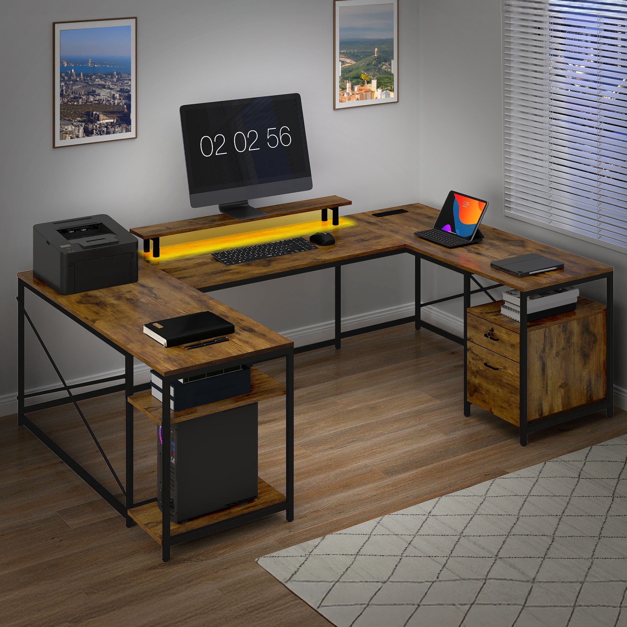 Uforic U Shaped Computer Desk with Power Outlets and LED Lights, Reversible L Shape Desk for Home Office, Brown