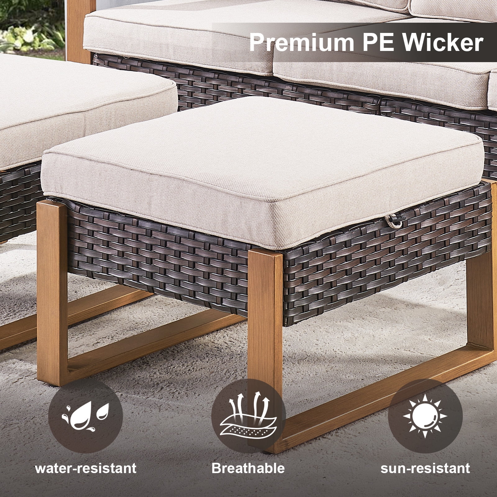 POCASSY 75" Wide Outdoor Sofa Outdoor Furniture Sets, All-Weather Brown Wicker Rattan Outdoor Couch with Ottomans and Cushions for Garden Backyard Poolside, Beige