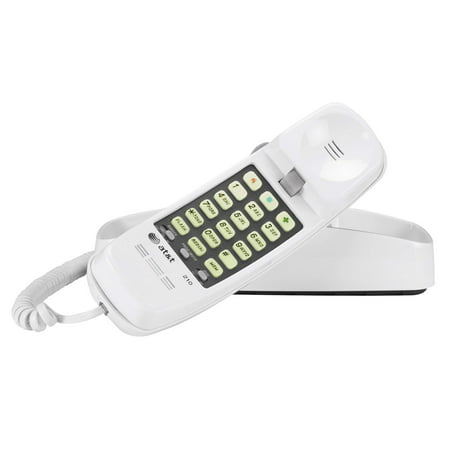 AT&T 210 Basic Trimline Corded Phone, No AC Power Required, Wall-Mountable, White, 13 number speed dial memory By