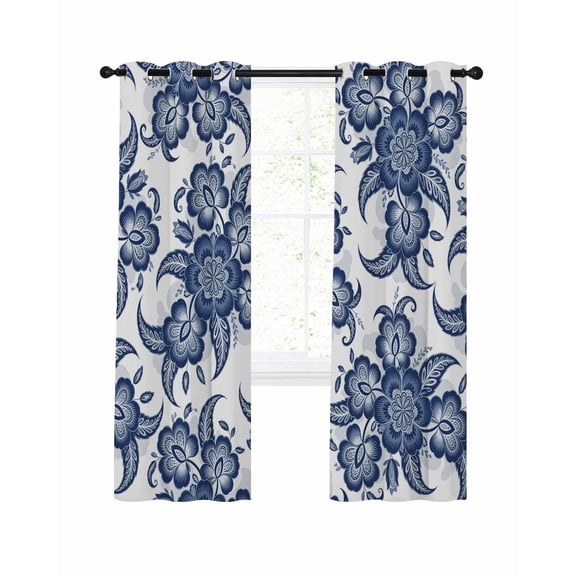 Abstract Paisley Pattern Blackout Curtains for Bedroom Living Room, Retro Blue Ethnic Flowers 72 In Long Thermal Insulated Room Darkening Drapes Grommet Window Treatments, 52 x 72 In