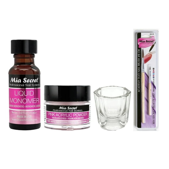 Mia Secret - Liquid Monomer 0.5oz Pink Acrylic Powder 0.25 oz Dappen Dish Academy Duo Nail Brush #8 OR - COMBO