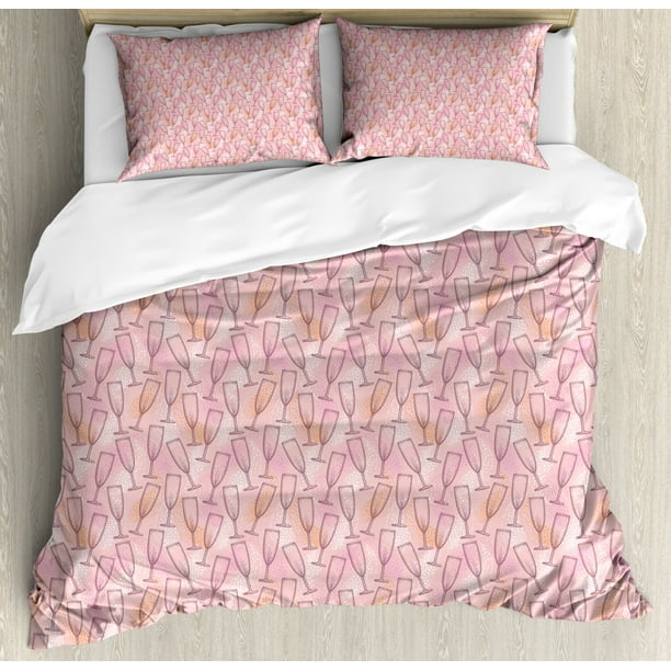 Champagne Duvet Cover Set, Dotted Background with Champagne Glasses