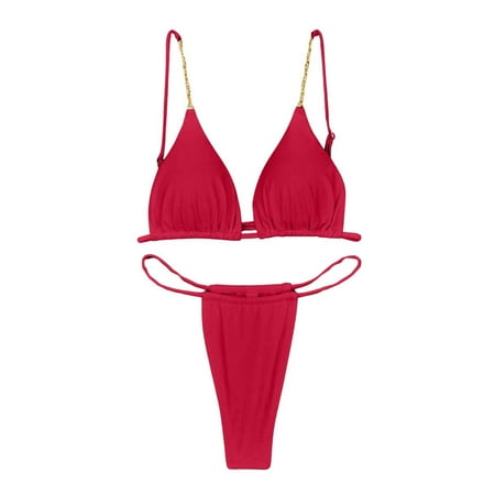 JIANJIA Womens Swimsuits Solid Color Sexy Spaghetti Strap Brassiere With Thongs Fashion Casual Swimsuit Two Piece Bikinis Swimwears Holiday Wear Red M