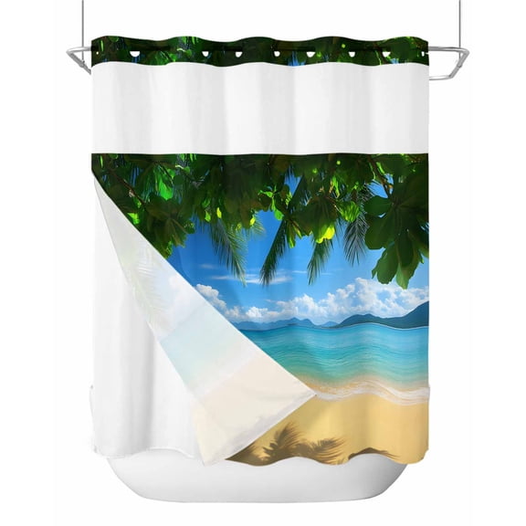 No Hook Shower Curtain with Snap-in Liner, Ocean Beach Waterproof Fabric Bathroom Curtains, Blue Sea Shoreline Coconut Coastal Palm Tree Bath Curtains & Mesh Top Window 72"x78" Long