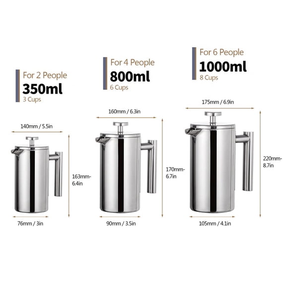Double Walled Stainless Steel French Press Coffee Maker, Heat Insulated Coffee Pot, 350ml/800ml/1000ml Multi-Size Portable Coffee Brewer for Home Office Daily Use