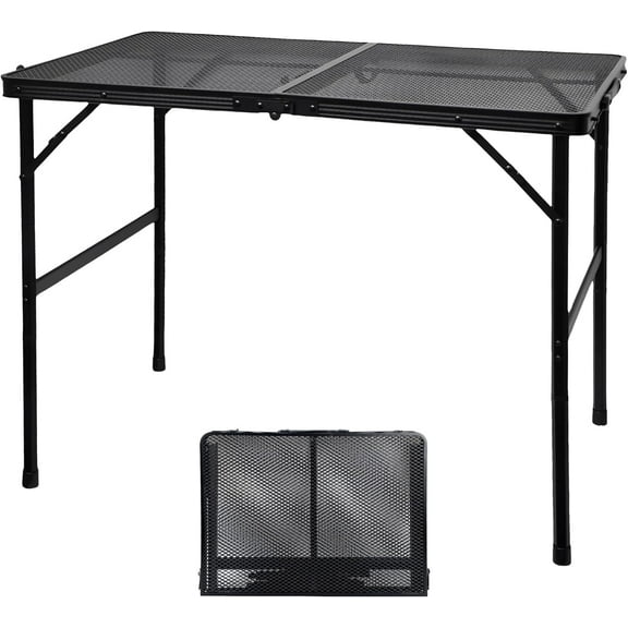 Camping Table with Mesh Desktop, Lightweight & Portable Folding Grill Table, Height Adjustable Metal Outdoor Table for Camp, Cooking, BBQ, RV, Picnic-3 FT Black