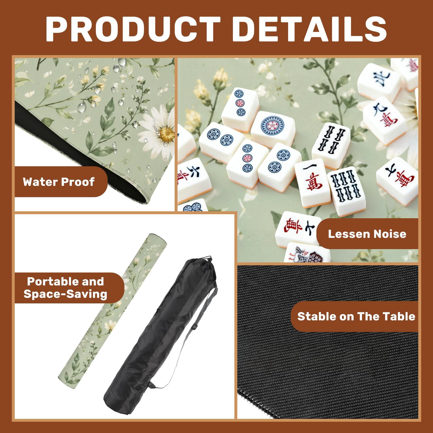 Mahjong Mat 31.5" x 31.5" Floral Daisy Wildflowers Pastel Green Non-Slip Noise Reduction American Mahjong Tiles Table Cover for Dominoes Poker Card Board Games Gift