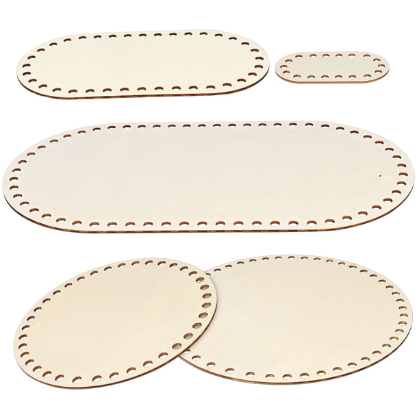 5 bases de cesta de ganchillo de madera para tejer cestas de ganchillo, base de bolsa, moldeador de rodajas de madera ovaladas y redondas con agujeros.