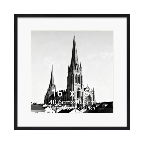 16x16 Picture Frame, Display 12x12 Picture with Mat or 16x16 Without Mat for Wall Hanging and Table, Single, Black