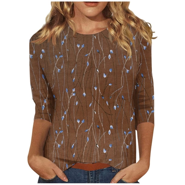camisas de manga 3/4 para mujer camisetas gráficas con estampado lindo blusas casuales tallas grandes tops básicos jersey marrón / 2xl