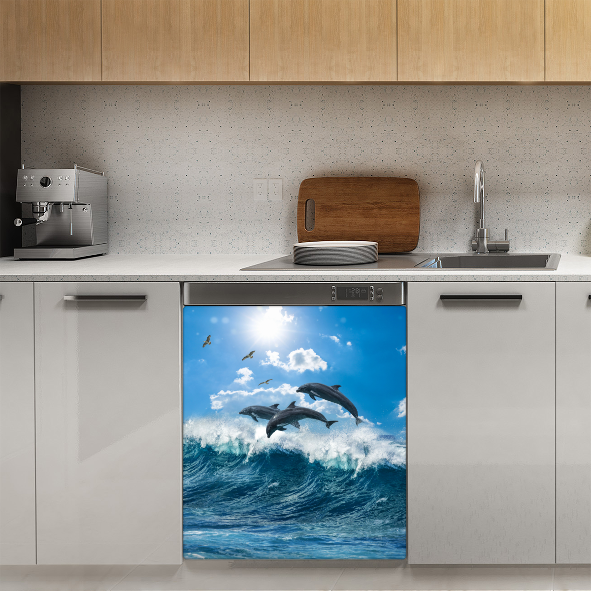 Dishwasher Magnet Cover, Ocean Dolphin Seascape Print, PVC Magnetic Sheet Front Dishwasher Cover Decoration 26x20In, Reusable Waterproof Decorative Appliance Front Wrap