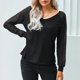 thumbnail image 2 of Mujeres Camiseta de Manga Larga A Rayas Transparente Costura Con Cuello En V Top para el Otoño y el Invierno, 2 of 7