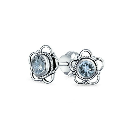 Bali Sterling Silver Fashion Earrings - Bali Style Tiny Flower Gemstone Stud Earrings For Women for Teen Oxidized 925 Sterling Silver More Birthstone Colors