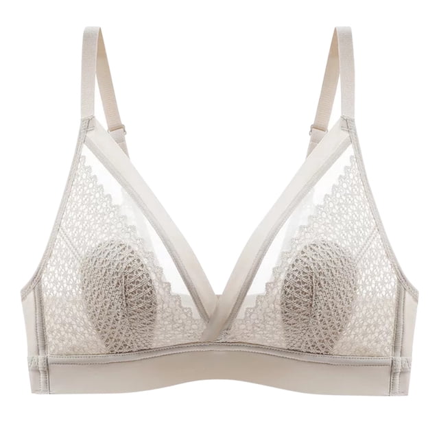 Gibobby Brasier deportivo para mujer Ropa interior de encaje francés con copa triangular, sujetador pequeño sin anillo de Brasier sin varillas para mujer(Beige,XL)