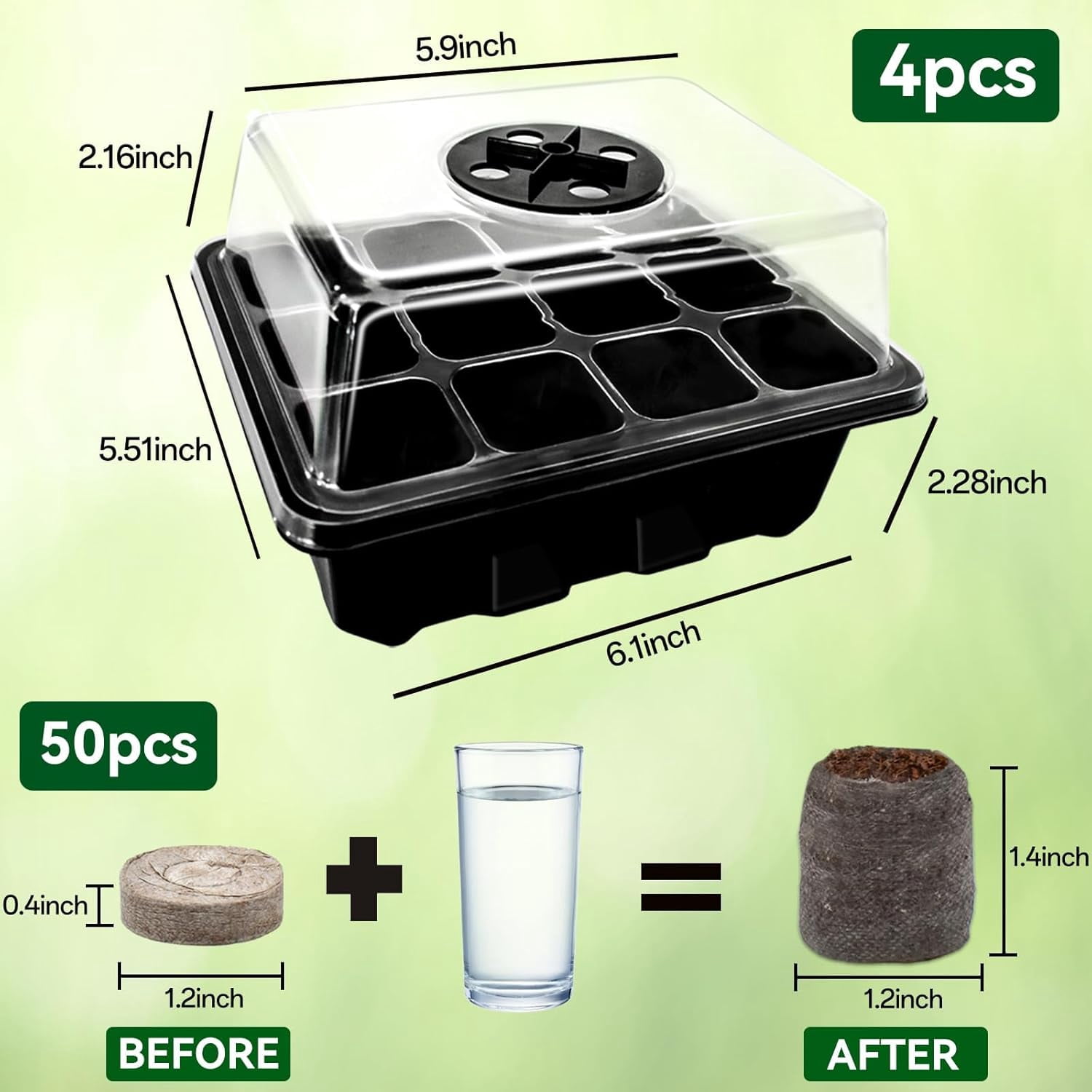 4 Pack Seed Starter Tray with 50 PCS Peat Pellets, 48 Cells Green Seeding Starter Trays for Organic Seed Stater Soil Pods for Planting Vegetables Plants Flowers - Starting Seeds Kit