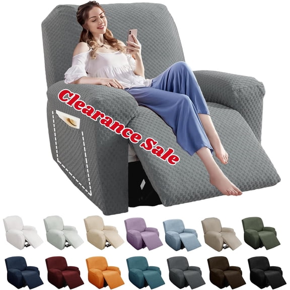 4 Pieces Stretch Recliner Slipcover Latest Jacquard Recliner Chair Cover with Side Pocket Anti-Slip Fitted Recliner Cover Couch Furniture Protector with Elastic Bottom (Recliner, Light Gray)