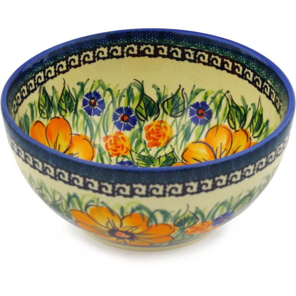 Polish Pottery 6¼inch Bowl (Yellow Flower Theme) Signature UNIKAT Hand