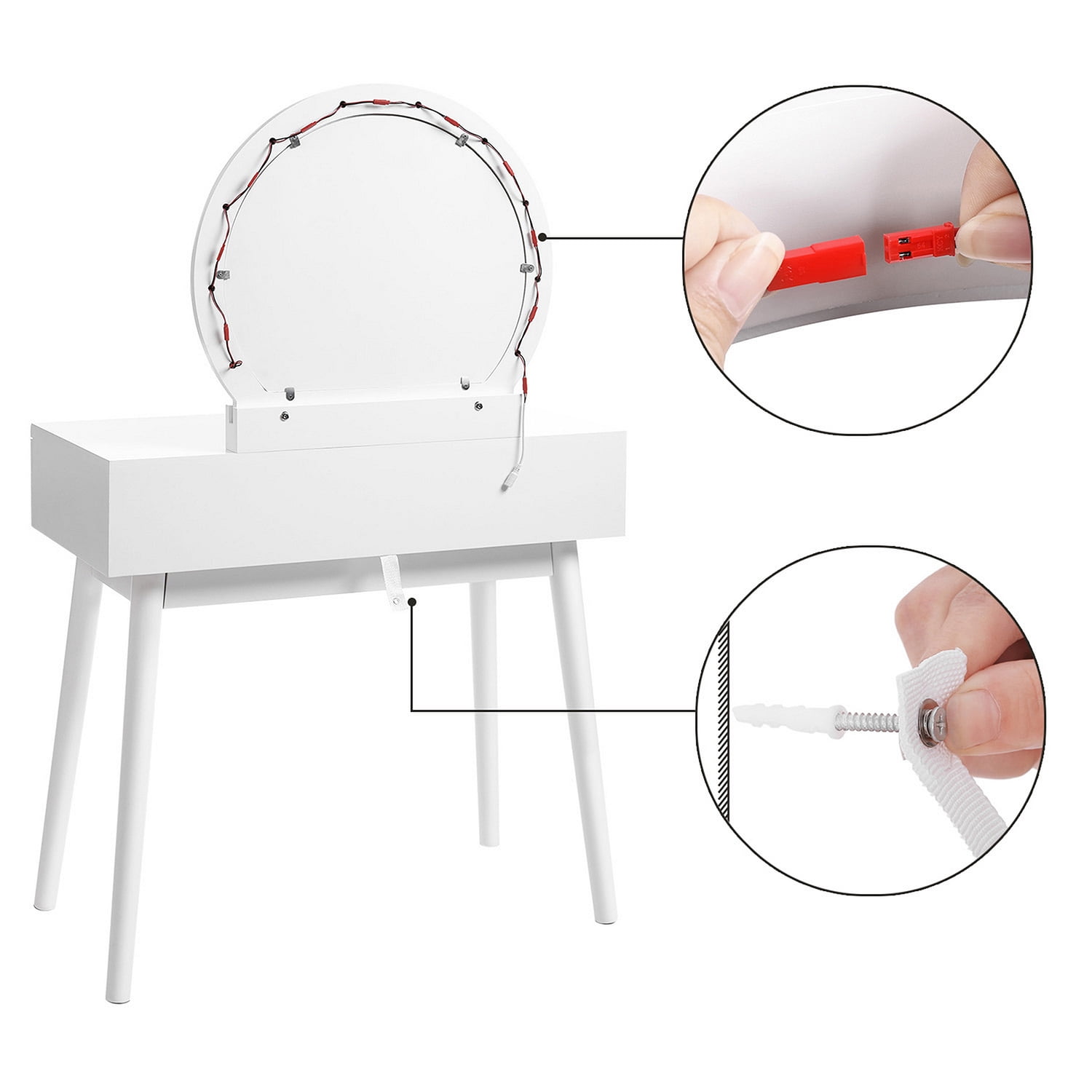 Kadyn 32" 3 Piece Vanity Dressing Table Set with LED Mirror, 2 Drawers, Cushioned Stool, White Kadyn 32" 3 Piece Vanity Dressing Table Set with LED Mirror, 2 Drawers, Cushioned Stool, White