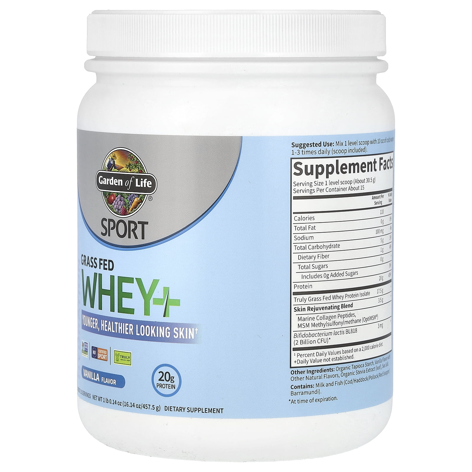 Garden of Life, Grass Fed Whey+Skin Protein Powder, Vanilla, 16oz