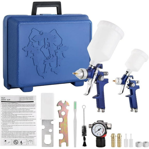 Professional 2-in-1 HVLP Gravity Feed Spray Gun Kit (1.4mm 600ml   0.8mm 125ml) with Locking Pressure Regulator – Dual-Purpose Automotive & Model Painting Toolbox (Blue)