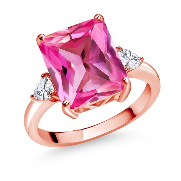 Gem Stone King 18K Rose Gold Plated Silver 3-Stone Ring Octagon Pink Created Sapphire and Moissanite (6.92 Cttw, Size 8)