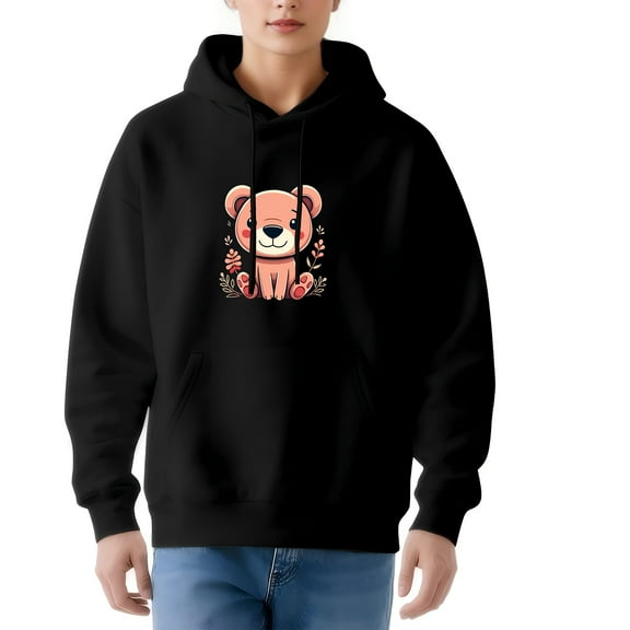 Women's Long Sleeve Hoodie Pullover Sweatshirt - Cute Pink Cartoon Bear Design with Leaves & Berries Front Pocket Cozy Style