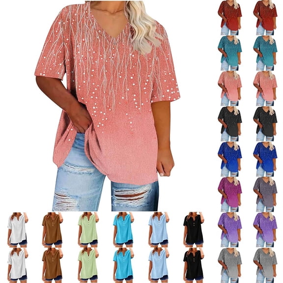 YOTAMI Womens Plus Size Tops Short Sleeve V-Neck Loose Fit Blouses Summer Fashion Gradient Print Casual Shirts Beige